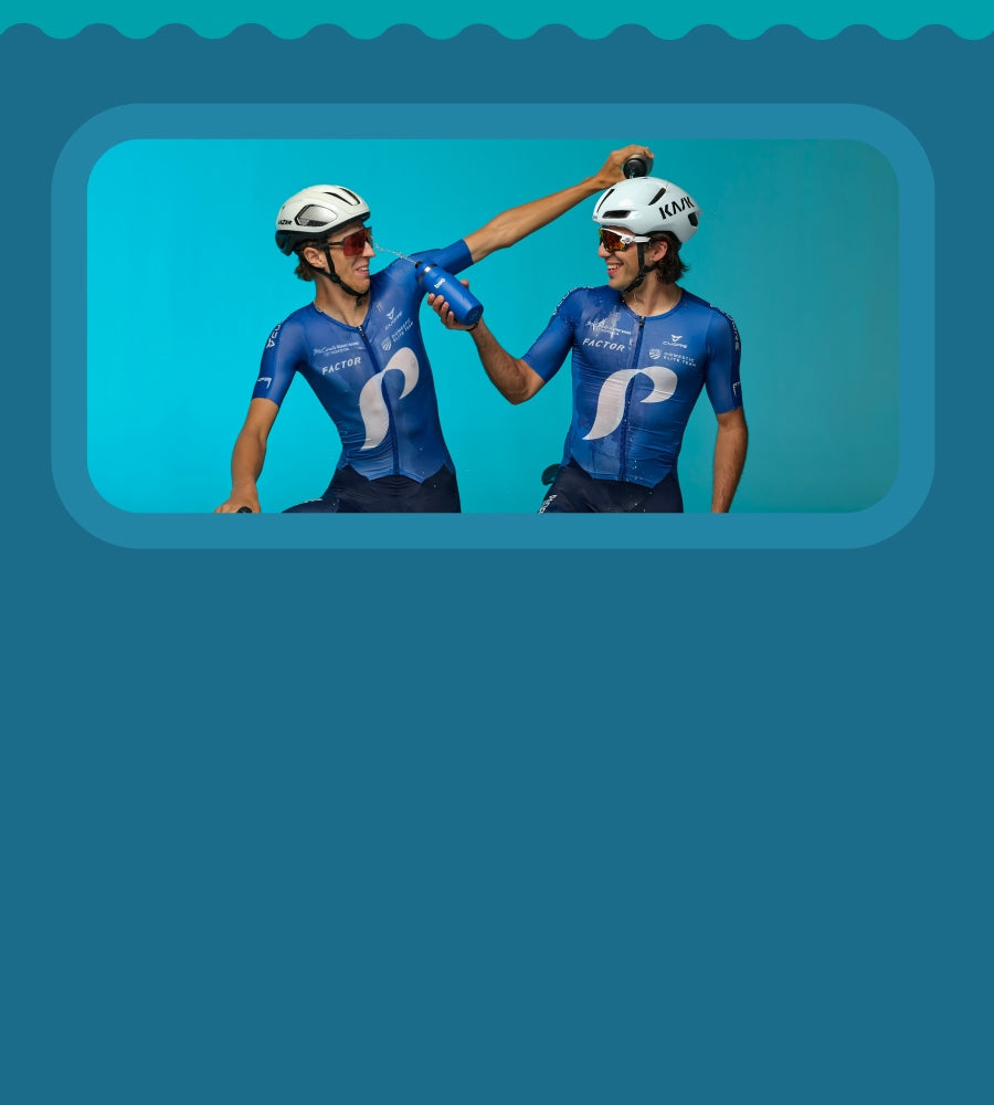 Two cyclists in blue jerseys from Portland, pouring water from Bivo cycling bottles over eachother against a blue background